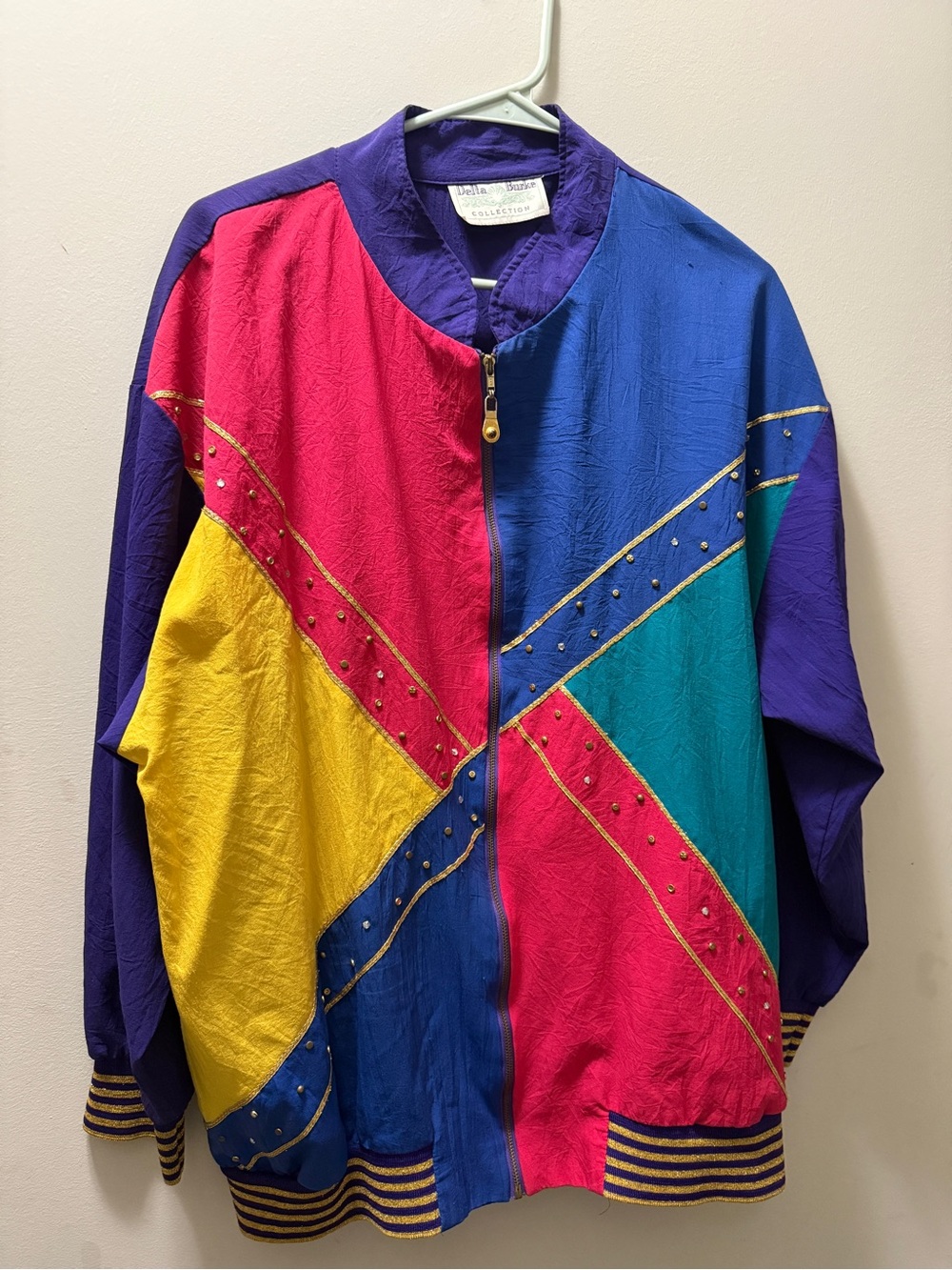 Delta Burke Colorblock Bomber Jacket in Purple, Pink & Blue